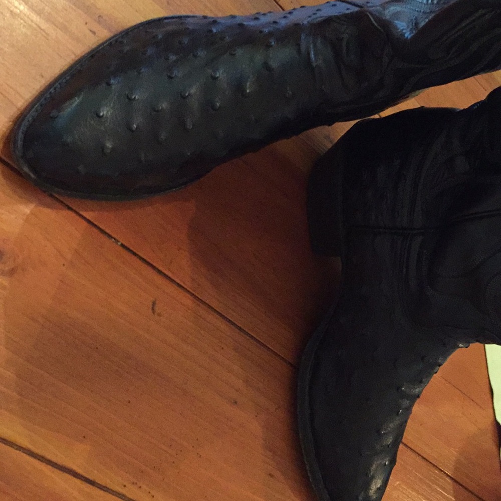 Ostrich/leather. Made in the USA